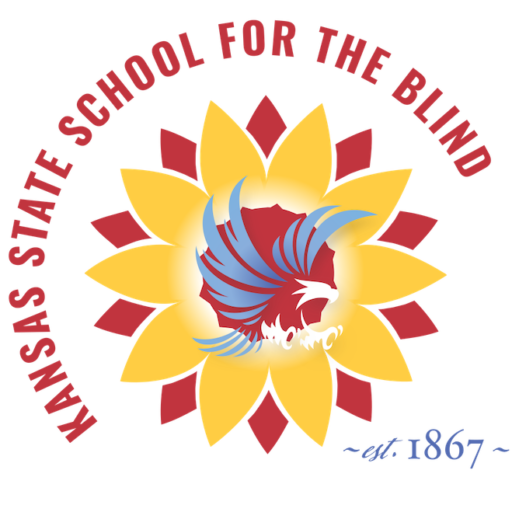 Logo for the Kansas state School for the Blind; a flying blue eagle in the middle of a red and yellow sunflower.