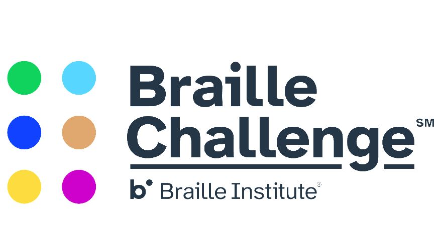 Braille Challenge Logo with 6 colorful dots on the left indicating a full braille cell