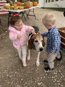 boy and girl pet a dog with long brown ears