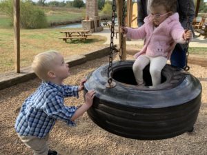 girl sitting in a tire swing while boy is pushing the tire swing