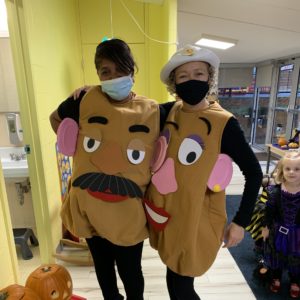 Miss Angela And Miss Jeanne Dressed Up As Mr. Potato Head For Halloween