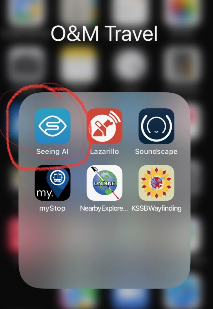 screenshot of apps on a phone with a circle around the icon for the Seeing AI app