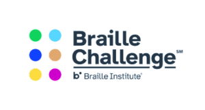 logo for Braille Challenge, each braille cell is a different color