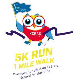 Logo small blue owl with big round eyes, tiny beak, carrying a blue flag waving in the wind with words "KC Blind All-Stars" printed on front. Wearing a red shirt with KCBAS on the front, under the owl is written 5K run, 1 mile walk, proceeds benefit Kansas State School for the Blind