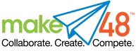 make48 logo: make, blue lined drawing of a paper airplane, 48. Collaborate. Create. Compete.
