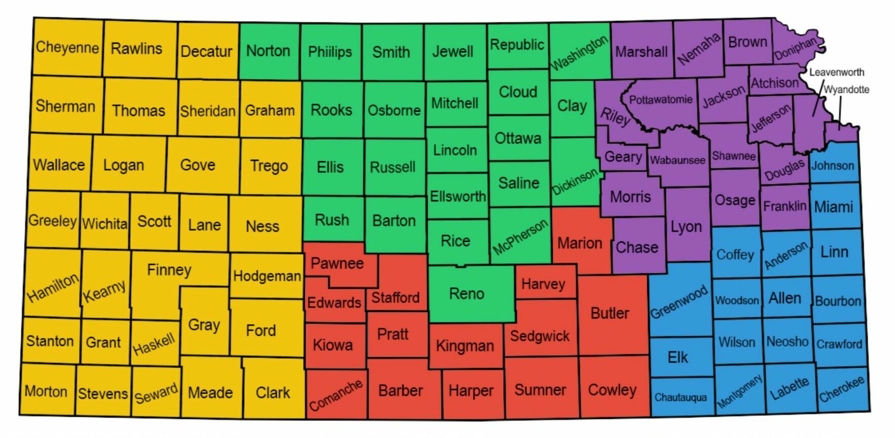 State of Kansas Map with counties divided into 6 geographic regions. West, North Central, South Central, NE, SE and WyCo/JyCo