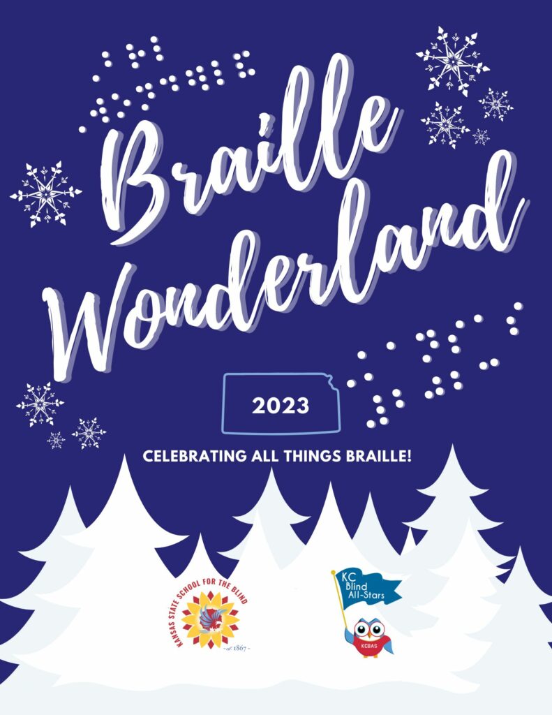 A snowy scene with white trees and blue snow is shown with the words Braille Wonderland 2022 displayed