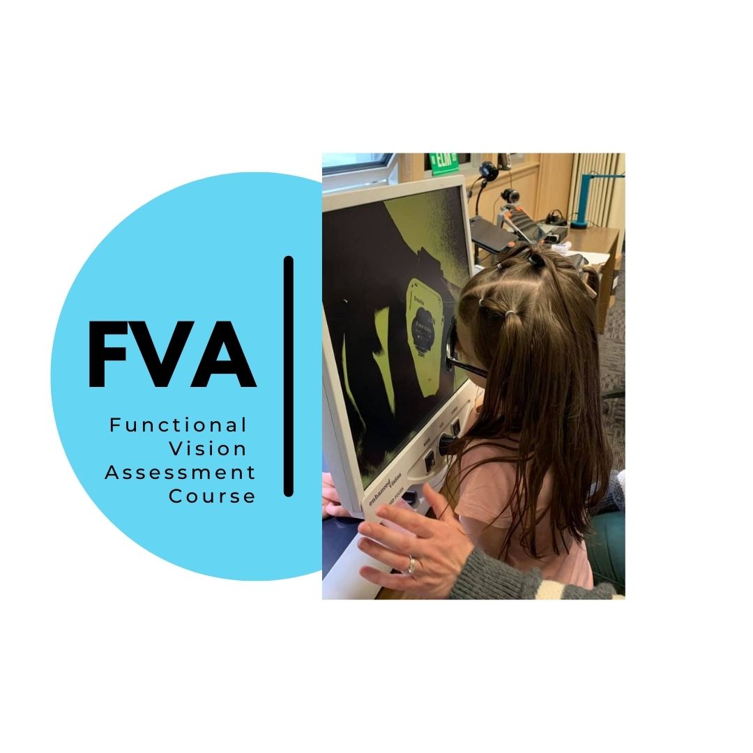blue circle with a line down the middle on the left is FVA (Functional Vision Assessment Course) and on the right is a girl with long brown hair looking at images on a CCTV