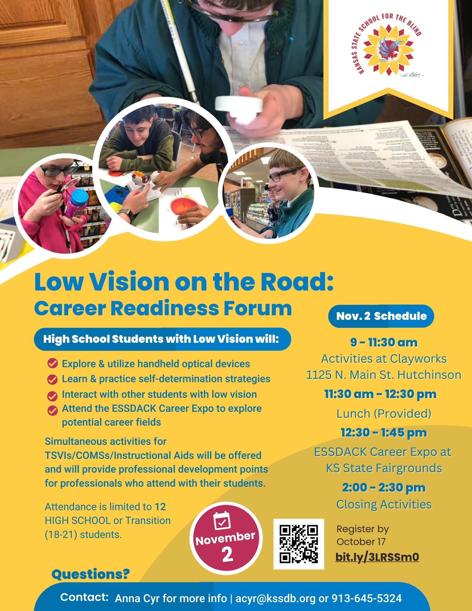 Flyer of Low Vision on the Road, with several photos of students using low vision devices