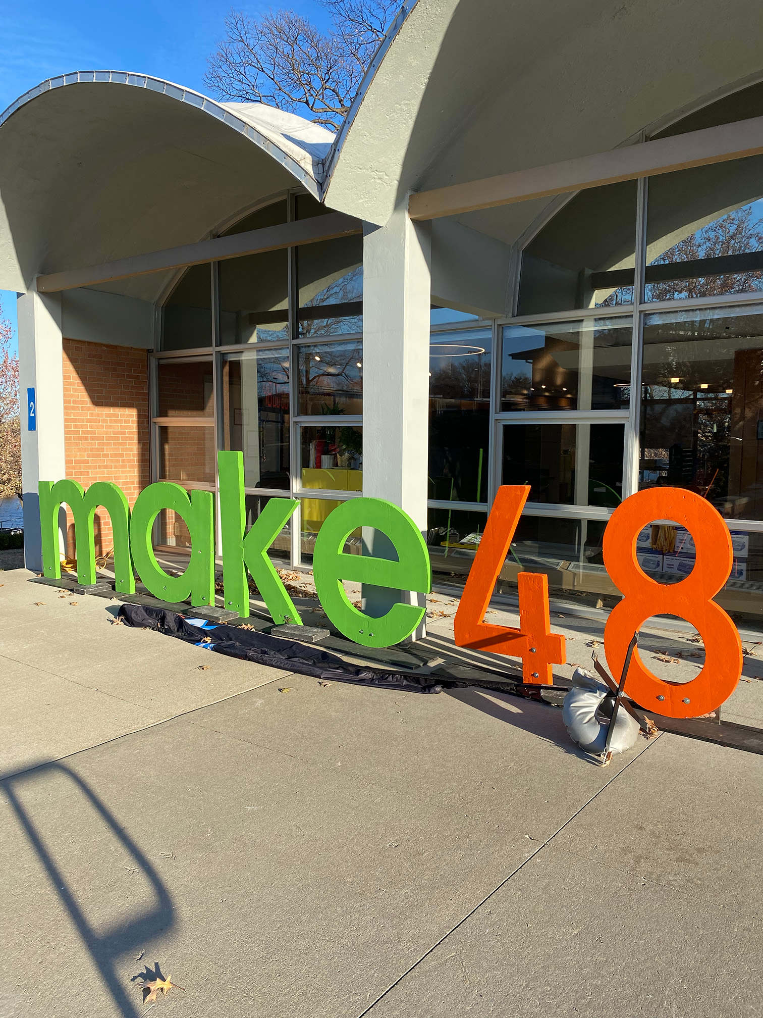 A picture of Brighton Makerspace on KSSB Campus with large Make48 letters out front