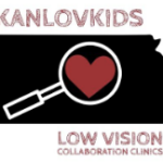 KanLovKids; Low Vision Collaboration Clinics Logo, the state of Kansas with a line drawing of a magnifier and red heart on in the magnifier.
