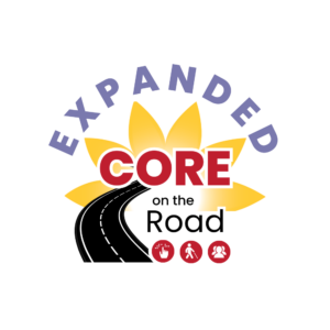 The Expanded Core on the Road logo. A black road with white lines curves into the center of a yellow sunflower. The word "Expanded" wraps around the top of the sunflower and the words "Core on the Road" extend out of the center of the sunflower. Three red circle symbols at the bottom show a hand reading braille, a person walking with a long cane and three people in a group.