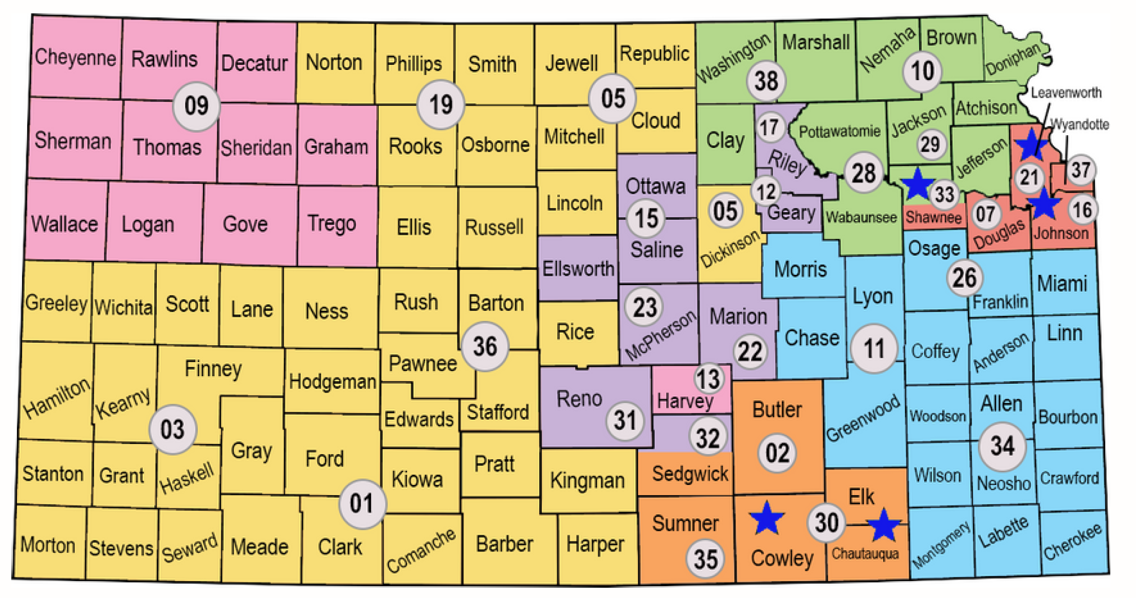 The Family Infant-Toddler Services map shows the state of Kansas divided into seven regional sections. Each region is assigned a color. The 11 pink counties in northwest and Harvey County Kansas are served by the FIT team, 43 yellow counties in central and western Kansas are served by Melissa Schlegel, 9 purple counties in central and north central Kansas are served by Teri Chaney, 5 orange counties in south central Kansas are served by Rachel Ghram, 15 green counties in northeast Kansas are served by Heather Pedersen, 3 red counties (Johnson, Wyandotte, and Douglas) are served by Laura Wohlhuter, 19 blue counties in southeast Kansas are served by Tammy Warford, and 5 blue stared counties in eastern Kansas are served by De McDougald
